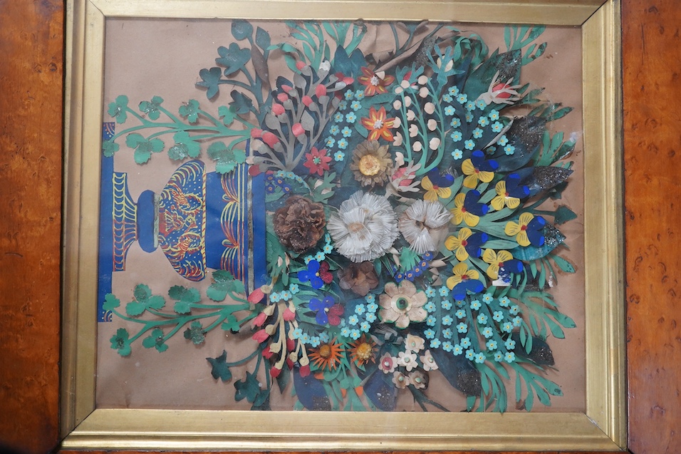 A pair of early Victorian painted cut paper relief still life pictures, maple frames, 28cm high, 22cm wide. Condition - poor frames, one picture fair, the other poor
